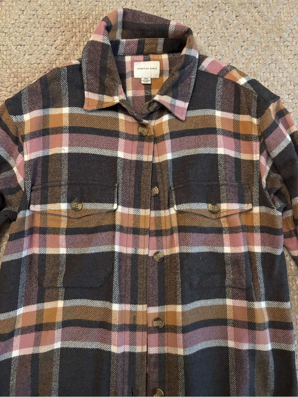 American Eagle Plaid Flannel Shirt Small Brown Tan Pink Button-up - Picture 4 of 4